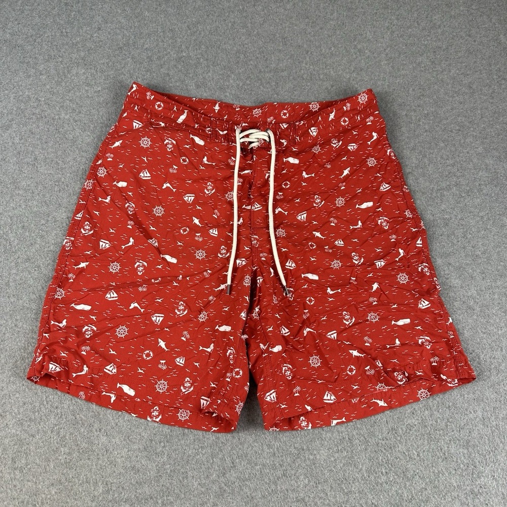 Brooks Brothers Red Fleece Nautical Print Swim Shorts Mens W33 Red Nylon